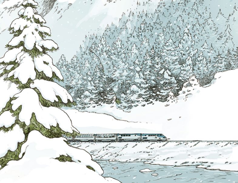 Illustration for story by John Gilbey. The train, California Zephyr, travelling through the heart of the Rocky Mountains alongside the Colorado River
