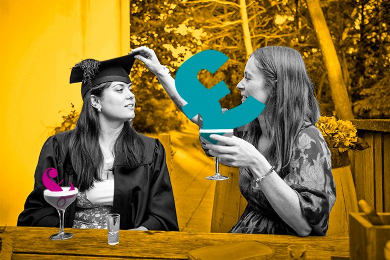A graduate and friend having drinks, with the non-graduate having a larger pound sterling symbol in her drink. To illustrate that to some the graduate premium is a myth.