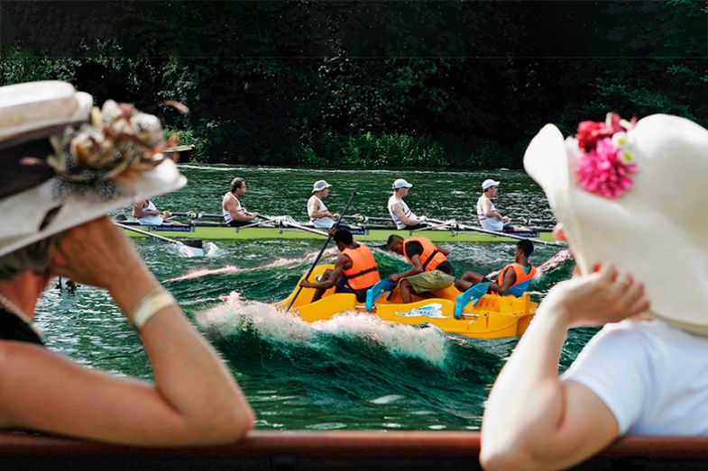 Montage of women in hats watching boats go past at the Henley Royal Regatta, with young men struggling in rough water on a pedalo. To illustrate the difficulties in achieving social mobility.