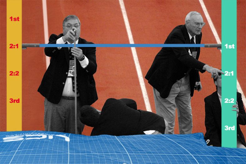 High jump officials setting the height of the bar, with different degree grades on two different scales. To illustrate the difficulty of standardising grades across different institutionsrs can provide assurance.