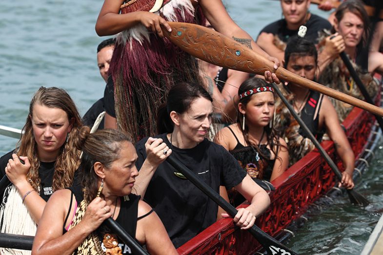 New Zealand Prime Minister Jacinda Ardern joins the the crew on the Te Whanau Moana waka New Zealand Prime Minister Jacinda Ardern joins the the crew on the Te Whanau Moana waka