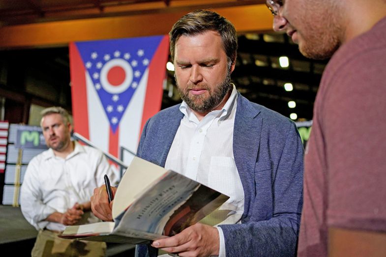 J. D. Vance, the venture capitalist and author of Hillbilly Elegy, speaks with supporters following a rally on Thursday 1 July 2021, in Middletown, Ohio, where he announced he is joining the crowded Republican race for the Ohio US Senate seat. J. D. Vance, the venture capitalist and author of Hillbilly Elegy, speaks with supporters following a rally on Thursday 1 July 2021, in Middletown, Ohio, where he announced he is joining the crowded Republican race for the Ohio US Senate seat.