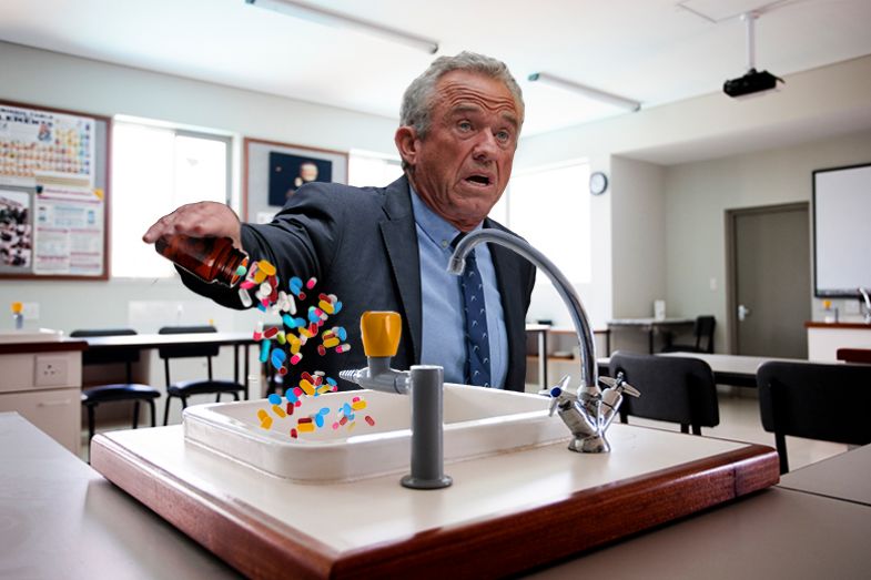 Robert F. Kennedy Jr, a prominent vaccine sceptic, tipping drugs into a laboratory sink, to represent the US’ rejection of scientific research