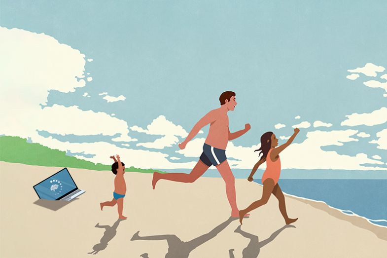 Illustration of man with children running on beach, laptop left in the sand. To illustrate the Lifestyle Academic type who prioritises life outside of teaching and research. Illustration of man with children running on beach, laptop left in the sand. To illustrate the Lifestyle Academic type who prioritises life outside of teaching and research.