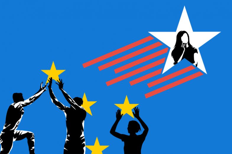 Illustration of people working together to lift yellow stars while a single person in a white star shoots across the sky. To illustrate that academics in Europe have a more collective approach than the lone stars of the US.