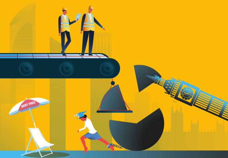 Illustration concept person wearing mortar board chained to part of a circle workers above and Big Ben with smaller part of the circle Illustration concept person wearing mortar board chained to part of a circle workers above and Big Ben with smaller part of the circle