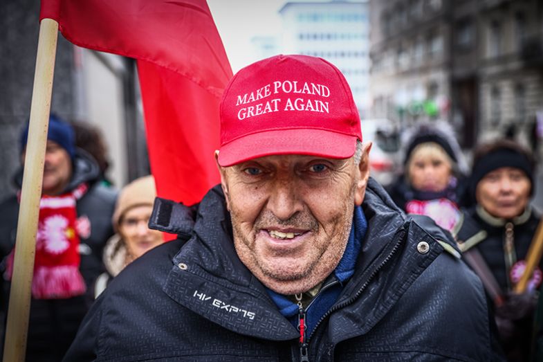 A man wears a “Make Poland Great Again” cap while attending an Independence March celebrating the 106th anniversary of Poland regaining independence. Warsaw, Poland on 11 November 2024.