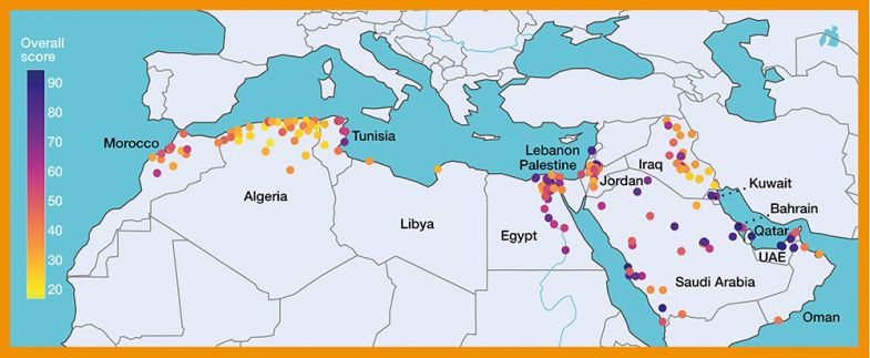 Map showing location and overall score of universities in the Arab university rankings 2023 Map showing location and overall score of universities in the Arab university rankings 2023