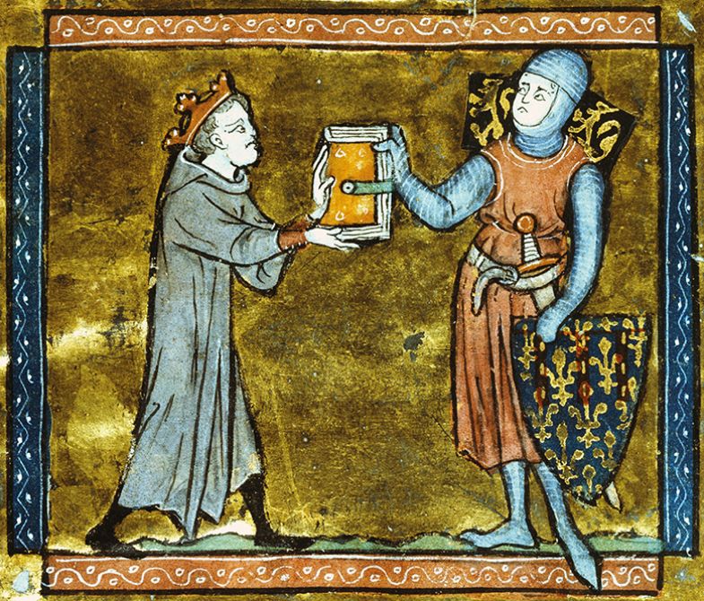 Adenes Le Roi presenting his book to the Count of Artois, miniature from a Latin manuscript, 13th Century Adenes Le Roi presenting his book to the Count of Artois, miniature from a Latin manuscript, 13th Century