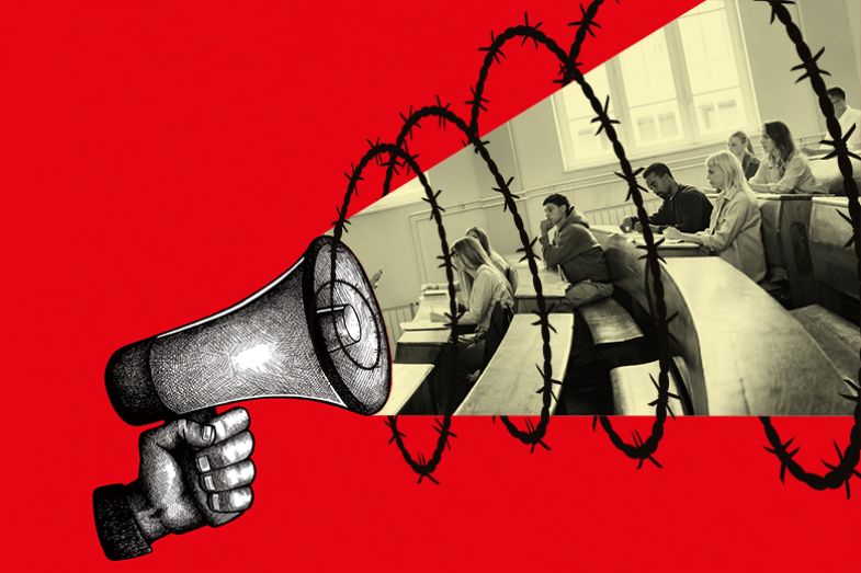 Megaphone with barbed wire coming out of it, wrapping around university students in lecture. To illustrate the far right trying to exploit free speech on campus.