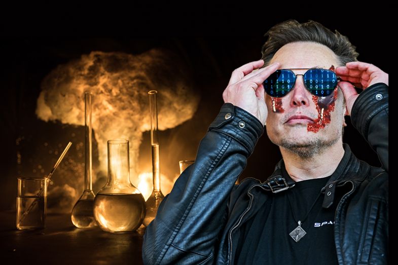 Elon Musk looking like the Terminator, with exploding laboratory equipment in the background. To illustrate cuts to science made by the Department of Government Efficiency (Doge) 