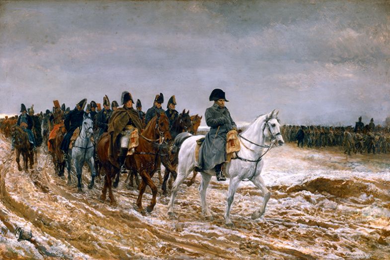 “Le Campagne de France 1814” (1864). Napoleon Bonaparte (1769-1821) leads the remnants of his army through mud and snow during the French campaign of 1814. The combined armies of Britain, Russia, Prussia and Austria eventually defeated the French. “Le Campagne de France 1814” (1864). Napoleon Bonaparte (1769-1821) leads the remnants of his army through mud and snow during the French campaign of 1814. The combined armies of Britain, Russia, Prussia and Austria eventually defeated the French.