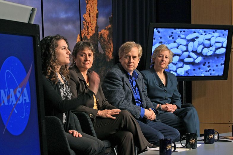 News conference at Nasa headquarters on 2 December 2010 to announce a finding a potential new form of life, bacterium that could eat and grow on arsenic instead of phosphorous, with Felisa Wolfe-Simon, Mary Voytek, Steven Benner and Pamela Conrad