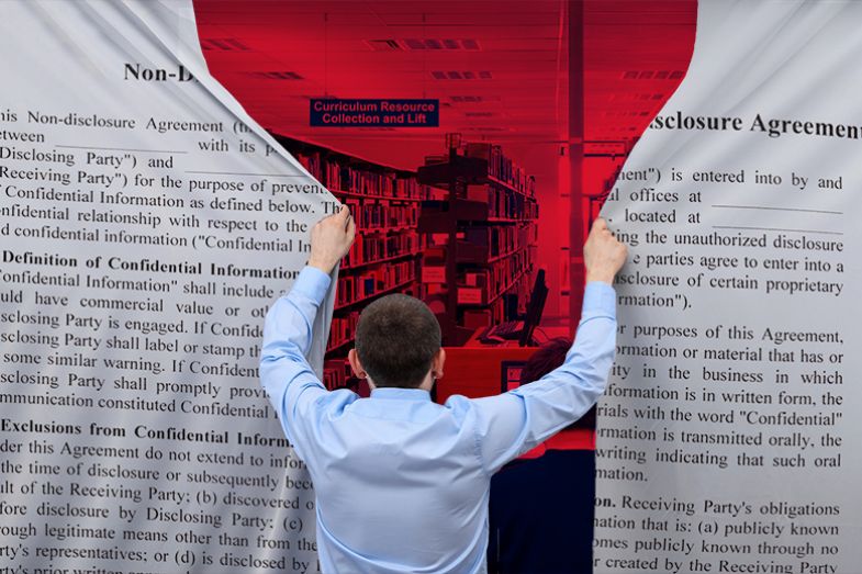 A man pulling a curtain, on which there is a non-disclosure agreement, blocking access to a university library. To illustrate the chilling effect that NDAs can have on academic freedom.