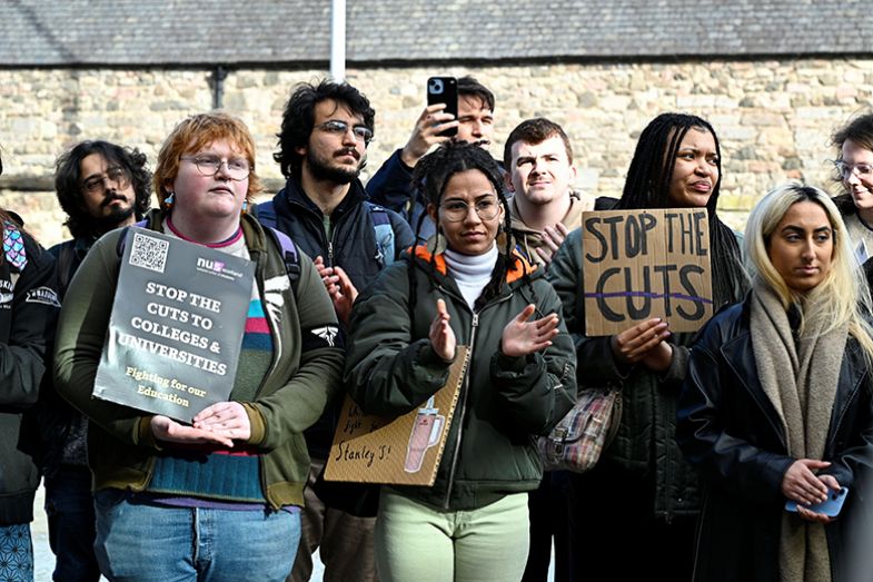 NUS rally for education outside the Scottish parliament, protesting against the Scottish government, which plans to cut the budgets of colleges and universities by more than £100 million, Edinburgh, Scotland, 21 February 2024