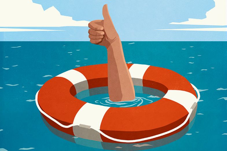 Illustration of hand giving the thumbs up from within a lifebelt. To illustrate the Overcommitted Helper, who often spreads themselves too thinly.