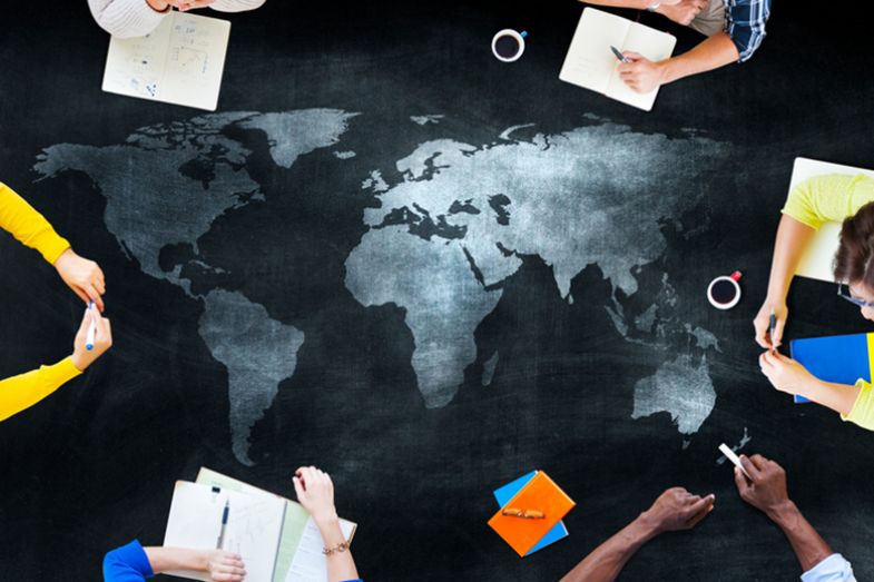 A map with international students around it A map with international students around it