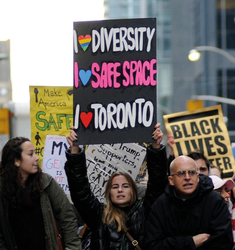 Protesters in front of Trump Tower in Toronto, Canada Protesters in front of Trump Tower in Toronto, Canada