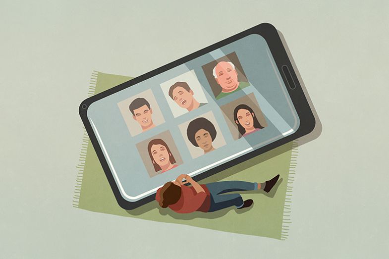 Illustration of a person lying down next to large phone with a Zoom meeting. To illustrate the Passive Observer academic type. Illustration of a person lying down next to large phone with a Zoom meeting. To illustrate the Passive Observer academic type.