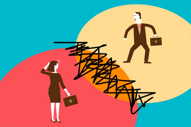 People arguing while standing on a Venn diagram. The common ground is crossed out, illustrating that formal complaints are now being made whereas in the past they might have been settled through informal chats with a department head.