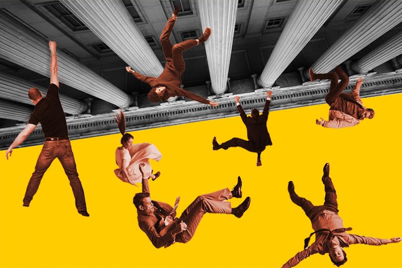 People falling out of a university building, illustrating the many university staff that have been made redundant.