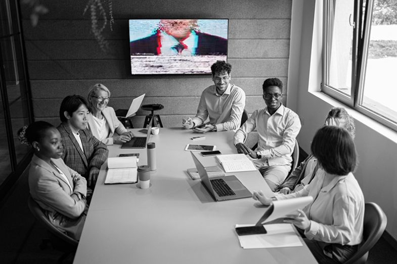 People meeting in an office ignoring person who is glitched on screen. To illustrate that it can be difficult to bond with colleagues who are working from home..