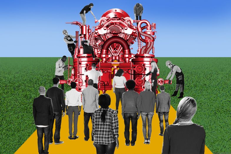 A crowd of people working on a giant machine, as an illustration that the Research Excellence Framework has become an industry unto itself.