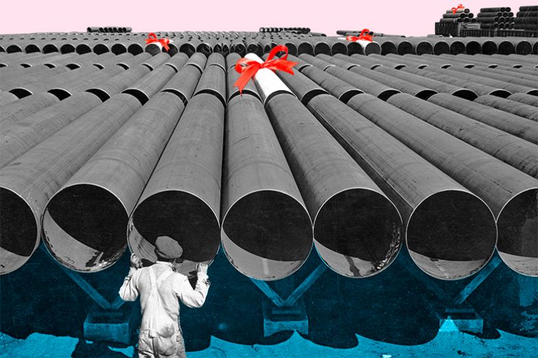 Person inspecting pipes, with some of as being diplomas in the distance. To illustrate the difficulty in assuring the quality of TNE operations. Person inspecting pipes, with some of them depicted as diplomas in the distance. To illustrate the difficulty in assuring the quality of TNE operations.