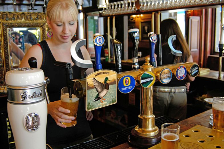 A young woman pouring a pint of Homebird beer in a pub. To illustrate that more students need to take on paid work to cover the costs of university, with many now also having to live at home. A young woman pouring a pint of Homebird beer in a pub. To illustrate that more students need to take on paid work to cover the costs of university, with many now also having to live at home.