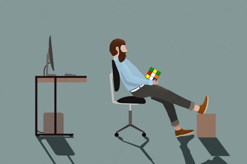Illustration of a man looking at a Rubik’s cube with his back to his desk. To illustrate the Procrastinator academic type. Illustration of a man looking at a Rubik’s cube with his back to his desk. To illustrate the Procrastinator academic type.