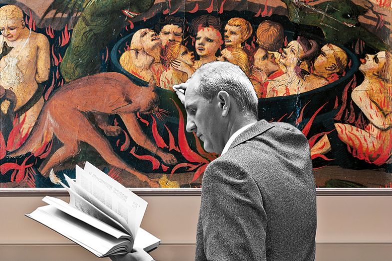 University professor with a scene from hell on the blackboard, to illustrate how the right have attacked liberal professors and what they teach.