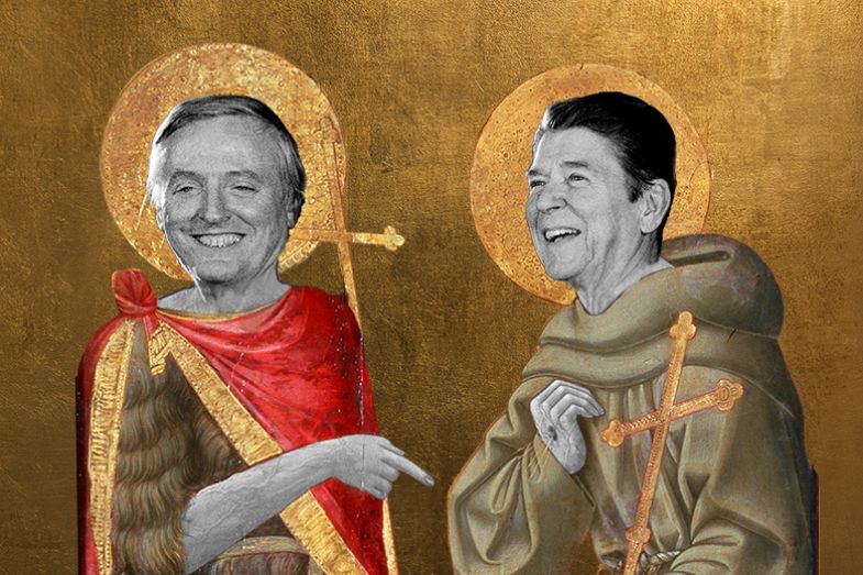 Ronald Reagan and William F. Buckley Jr depicted as saints. Schultz describes Buckley as “a patron saint of the modern right”.
