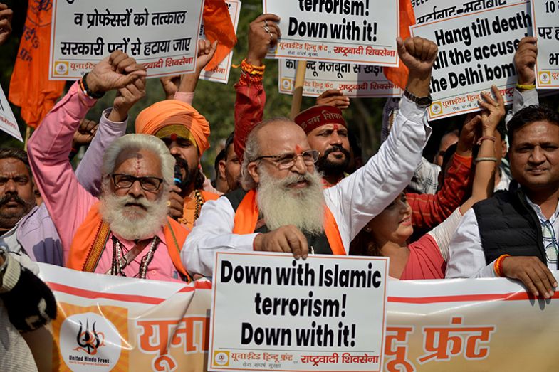 United Hindu Front protest against the Red Fort car blast, on 16 November 2025 in New Delhi, India