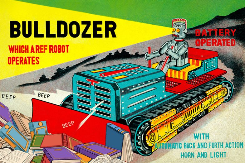 A REF robot operating a bulldozer, pushing aside books. To illustrate the concern, especially in the humanities, of using generative AI in REF assessments, with the “machines pushing aside their masters” A REF robot operating a bulldozer, pushing aside books. To illustrate the concern, especially in the humanities, of using generative AI in REF assessments, with the “machines pushing aside their masters”