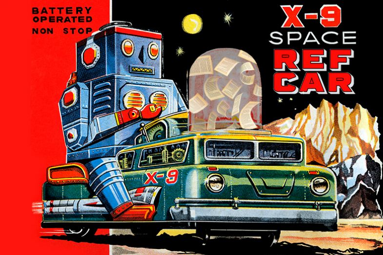 A robot driving a REF car which is analysing various papers. To illustrate generative AI being able to handle the clerical heavy lifting with regards to REF submissions. A robot driving a REF car which is analysing various papers. To illustrate generative AI being able to handle the clerical heavy lifting with regards to REF submissions.