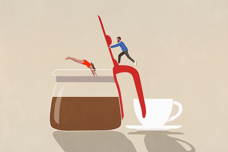 Illustration of person diving in to a coffee pot. To illustrate the Regular Academic type, and how a head of department can keep lines of communication open over a coffee Illustration of person diving in to a coffee pot. To illustrate the Regular Academic type, and how a head of department can keep lines of communication open over a coffee