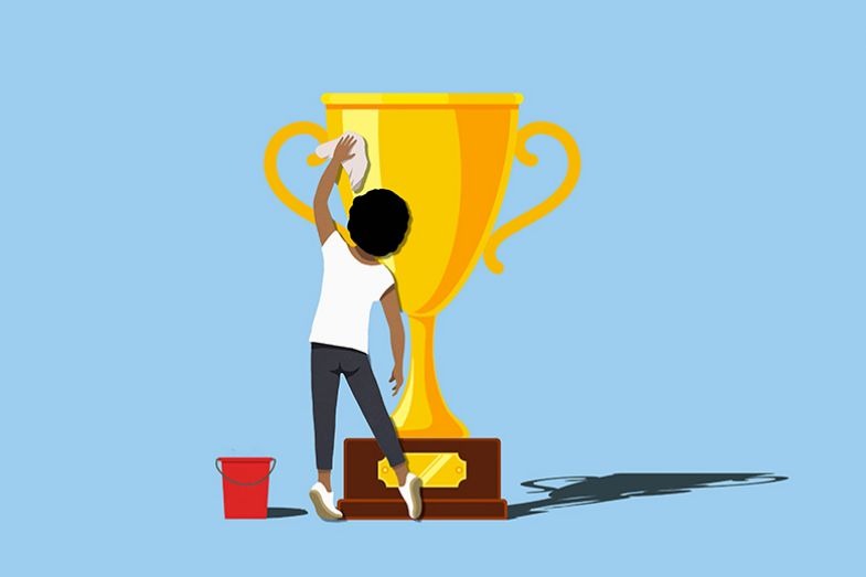 Illustration of a woman polishing a gold cup. To illustrate the Research Perfectionist academic type. Illustration of a woman polishing a gold cup. To illustrate the Research Perfectionist academic type.