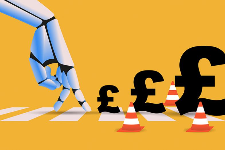 Robot hand crossing road with pound sterling symbols increasing in size further along the road. To illustrate the likely increasing costs of using AI in the future.