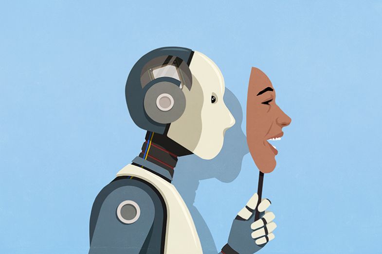 Robot hiding behind a mask of a human face. To illustrate that the use of AI in higher education is becoming increasingly difficult to detect.