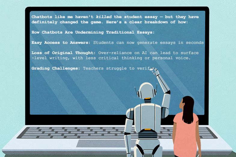 Student watching a robot write on a computer screen, giving a ChatGPT answer as to whether chatbots have killed the student essay. 