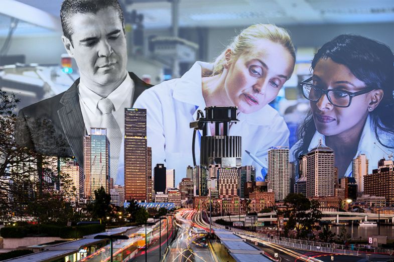 Scientists with an official looking over their shoulder conducting research over the Brisbane cityscape. As an illustration that research should be put to economically productive use, which some fear would diminish university autonomy. Scientists with an official looking over their shoulder conducting research over the Brisbane cityscape. As an illustration that research should be put to economically productive use, which some fear would diminish university autonomy.