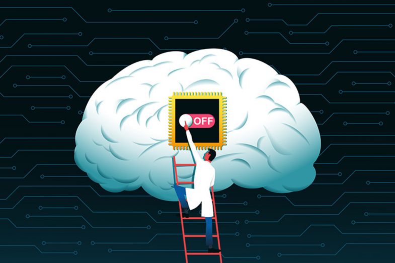 Scientist switching off computer chip within a brain. To illustrate that humans must resist offloading skills to AI.