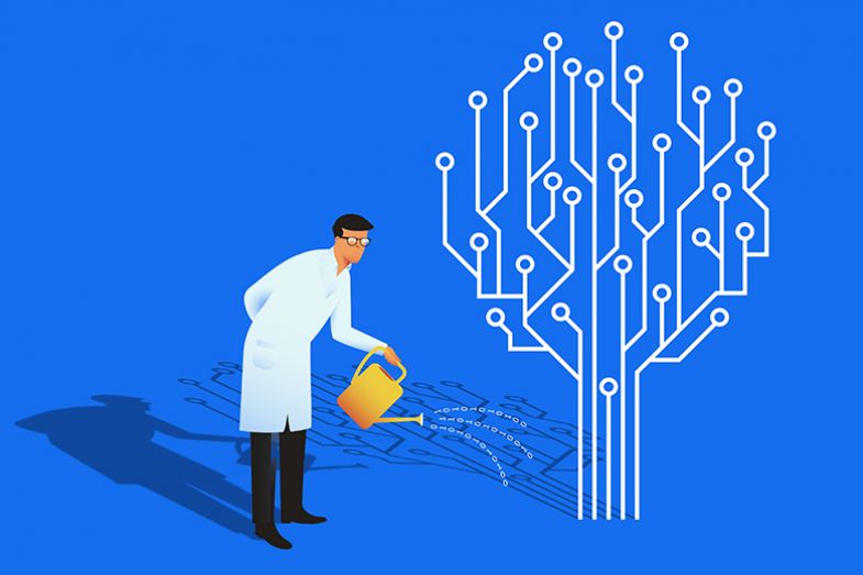 Scientist watering an AI tree, illustrating that AI repurposes material that humans themselves produce.