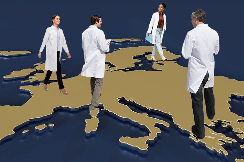 Scientists walking across a map of Europe, to illustrate freedom of movement of researchers in the European Research Area. Scientists walking across a map of Europe, to illustrate freedom of movement of researchers in the European Research Area.