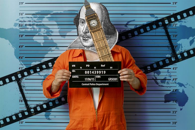 Shakespeare as a criminal, with an eye made of Big Ben, and a map and film strip in the background. To illustrate deptartments such as history, English, film studies, criminology, international relations and politics being merged.