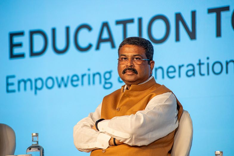 Dharmendra Pradhan Education Minister of India attends the launch of initiative "Education to Entrepreneurship" in New Delhi, 2023.