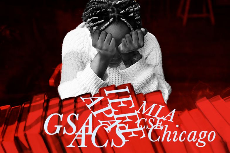 Student frustrated with hands over their eyes, behind a row of books with jumbled referencing styles. To illustrate that referencing conventions can take the joy away from learning.