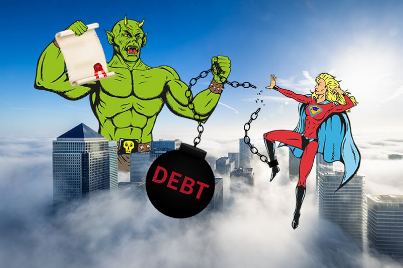Superhero breaking free from debt ball and chain held by a monster who is also holding a Royal Charter. The bank buildings of Canary Wharf provide the environment. To illustrate the benefits and complexities of merging universities. Superhero breaking free from debt ball and chain held by a monster who is also holding a Royal Charter. The bank buildings of Canary Wharf provide the environment. To illustrate the benefits and complexities of merging universities.