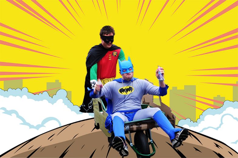Superhero Robin carrying Batman in a wheelbarrow. To illustrate that FE institutions can offer universities a smaller but solid and resilient core for operations. Superhero Robin carrying Batman in a wheelbarrow. To illustrate that FE institutions can offer universities a smaller but solid and resilient core for operations.