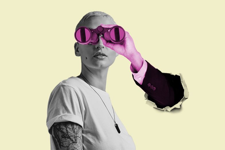 Portrait of a woman with an arm holding binoculars in front of her face. To illustrate that the nature of an arts and humanities PhD is shifting in the UK as candidates’ ability to follow their interests and develop their own research topic is diminished. Portrait of a woman with an arm holding binoculars in front of her face. To illustrate that the nature of an arts and humanities PhD is shifting in the UK as candidates’ ability to follow their interests and develop their own research topic is diminished.